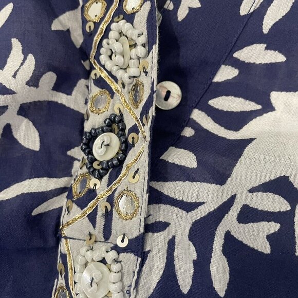 Soft Surroundings Blue White Leaf Print Beaded Tunic Blouse Pockets Size Small - Picture 8 of 9